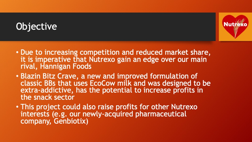 Objective. Due to increasing competition and reduced market share, it is imperative that Nutrexo gain an edge over our main rival, Hannigan Foods. Blazin Bitz Crave, a new and improved formulation of classic BBs that uses EcoCow milk and was designed to be extra-addictive, has the potential to increase profits in the snack sector. This project could also raise profits for other Nutrexo interests (e.g. our newly-acquired pharmaceutical company, Genbiotix).